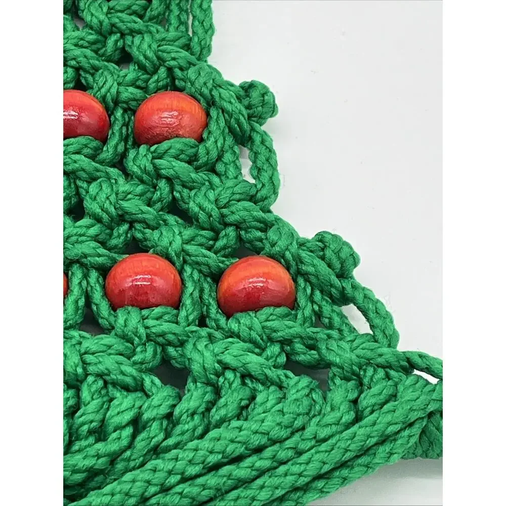 vintage handmade macrame Christmas Tree W Wood Beads Wall Hanging 30”x14” Boho